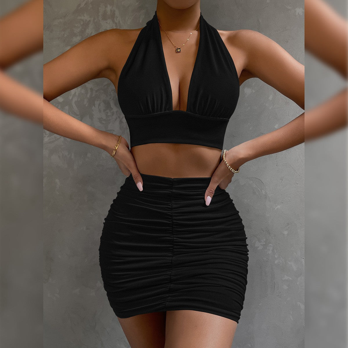 Two-piece tie-up pleated skirt